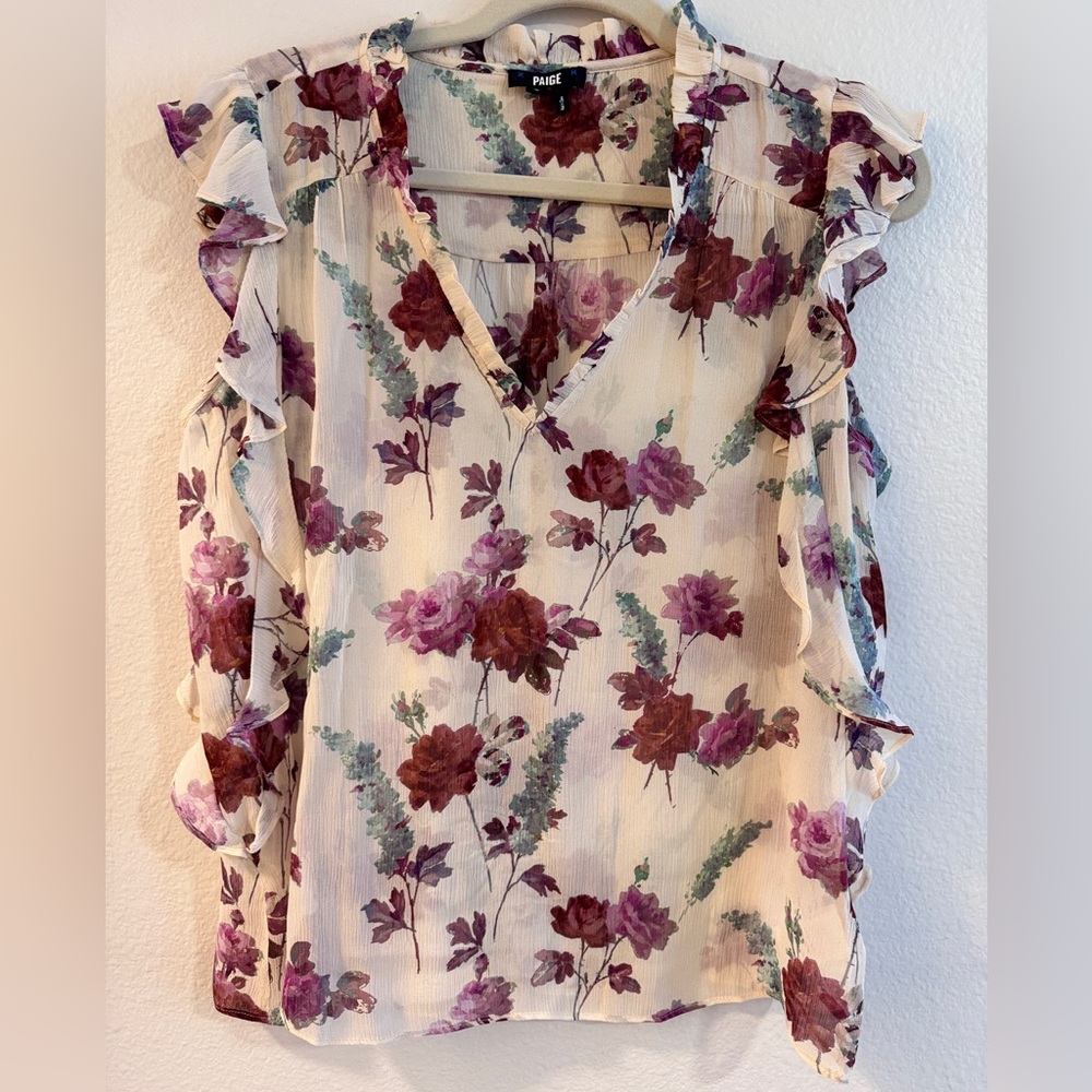 PAIGE Floral Ruffle Sleeve Silk Blouse in Cream and Purple, Size Small